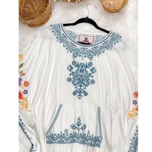 JOHNNY WAS Embroidered JWLA Poncho TUNIC Flowers Cotton White  $265